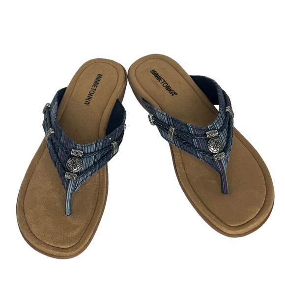 Minnetonka Blue Silverthorne Thong Slide Fabric And Leather Sandals Size 10M - Picture 10 of 14